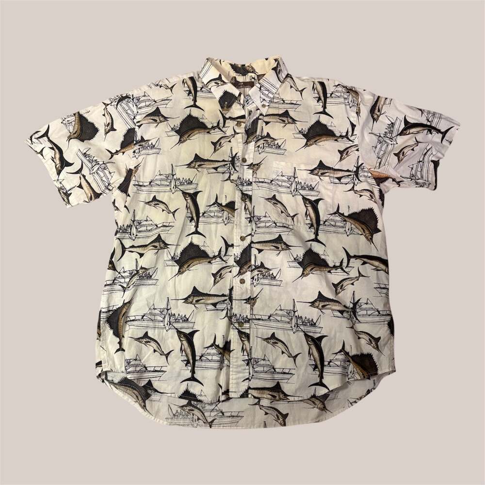 Café Luna Men's Short Sleeve Button Down Shirt Marlin Boat Print XL vintage